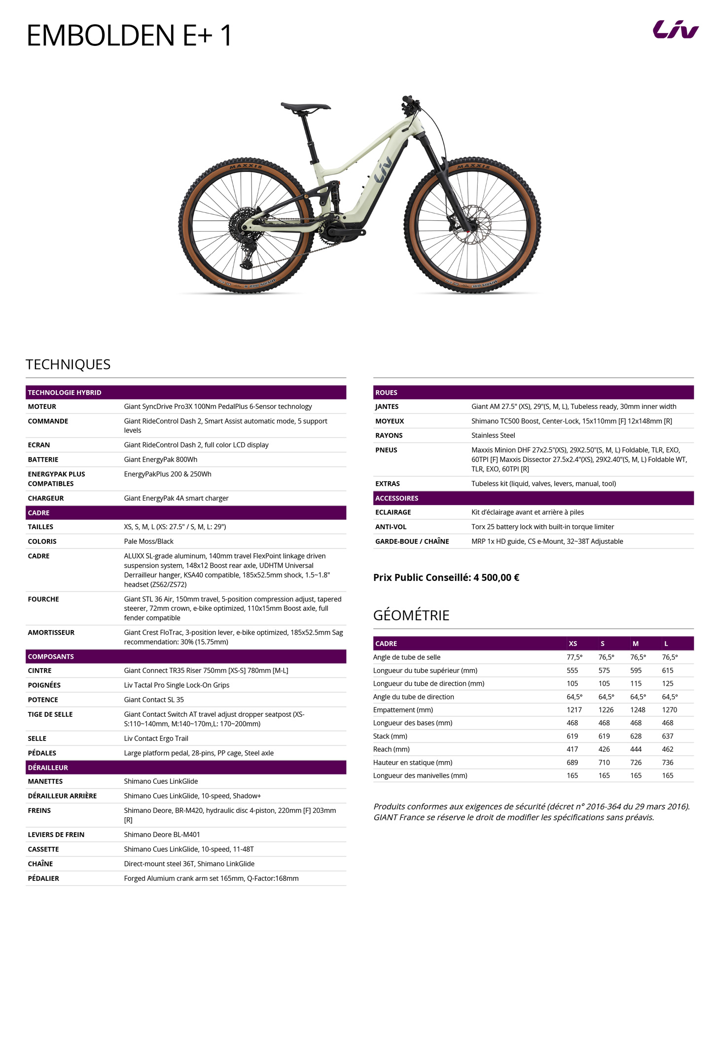 Fiche technique du velo Embolden E+ 1 année 2026